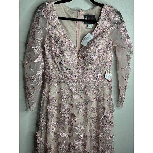 Mac Duggal 67483 Rose Pink Floral Applique Long Sleeve Illusion Gown Size 8 NWT - Picture 7 of 12